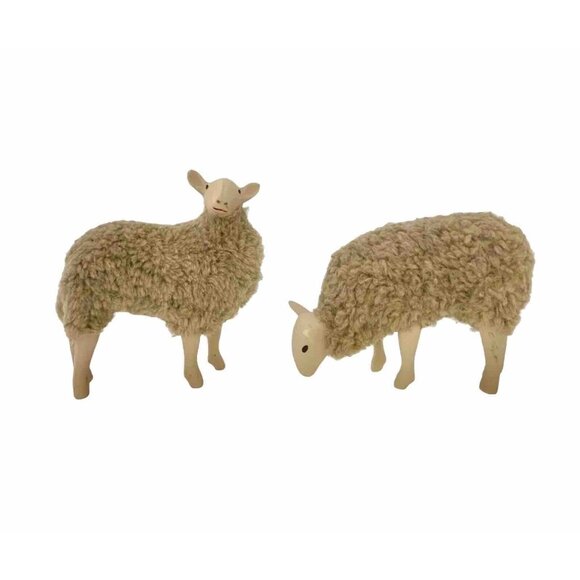 Other - Sheep Figurine Pair Porcelain and Wool Lamb Statues Vintage Adorable Decor